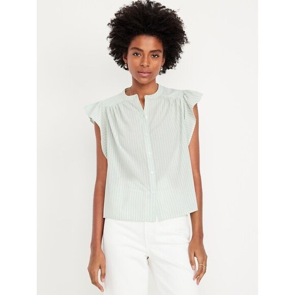 Old Navy Tops - NWT Old Navy Flutter Sleeve Button Down Shirt GReen Striped Sz XL
